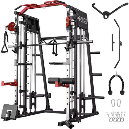ER KANG Smith Machine, 2200lbs Squat Rack with LAT-Pull Down System & Cable Crossover Machine, Training Equipment with Leg Hold-Down Attachment