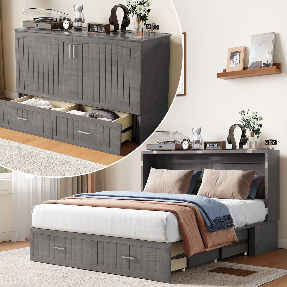 Mjkone Murphy Cabinet Bed, Queen Murphy Bed with Tri-Folding Mattress and Charging Ports, Drawer