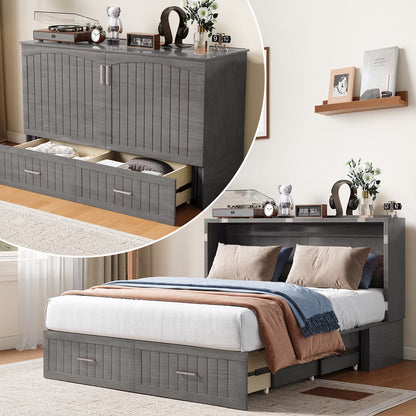 Mjkone Murphy Cabinet Bed, Queen Murphy Bed with Tri-Folding Mattress and Charging Ports, Drawer