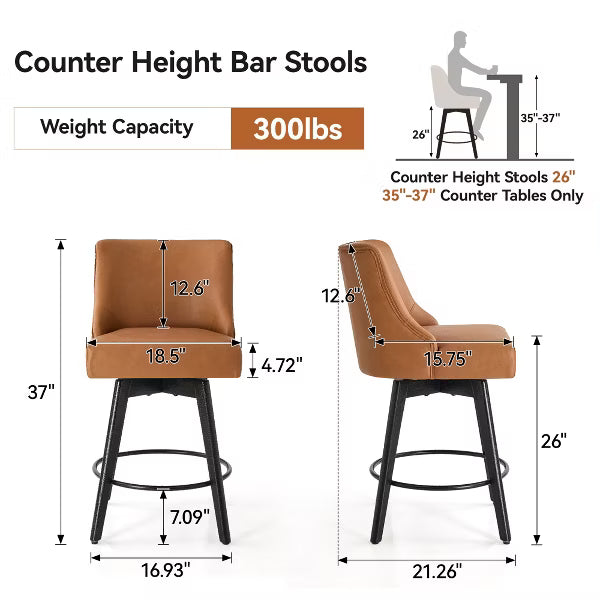 Dyonery 26" Swivel Counter Height Bar Stools with Backrests, Upholstered Seats & Wood Legs for Kitchen Island