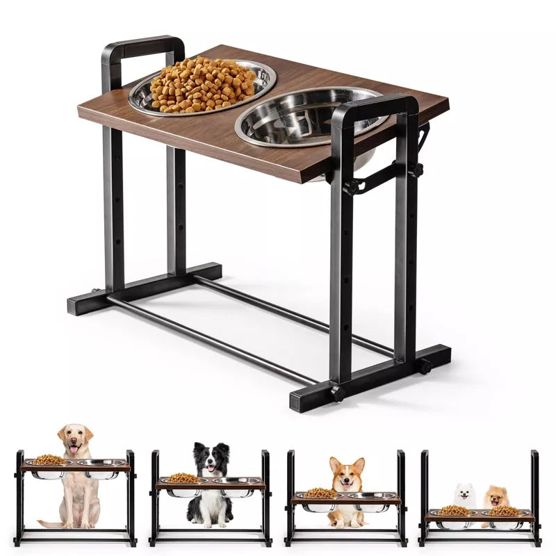 Mewoofun Pet Beds Raised Dog Bowl for Large Medium Size Dogs 4 Height Adjustable, Sturdy Wooden Raised Dog Bowls, Brown, 17.52"*10.63"*4.72"