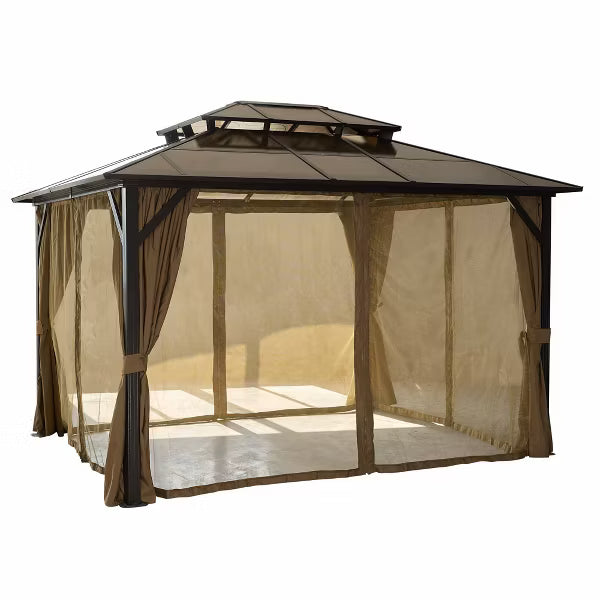 10 ft. x 12 ft. Hardtop Double Roof Gazebo with Netting and Curtains, and Polycarbonate Canopy for Patio & Backyard