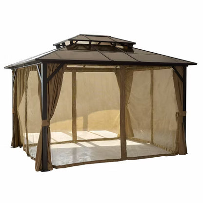 10 ft. x 12 ft. Hardtop Double Roof Gazebo with Netting and Curtains, and Polycarbonate Canopy for Patio & Backyard