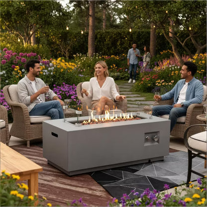 42" Outdoor Propane Gas Fire Pit Table 2-Pieces, 50000 BTU Rectangular Steel Fire Pit with Glass Wind Guard for Outside Patio Garden Courtyard -Gray