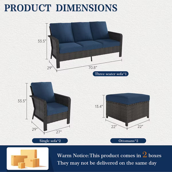 SUGOLD 5-Piece Wicker Patio Conversation Set with 3-Seat Sofa, 2 Swivel Rocking Chairs and 2 Ottomans, Blue Cushions