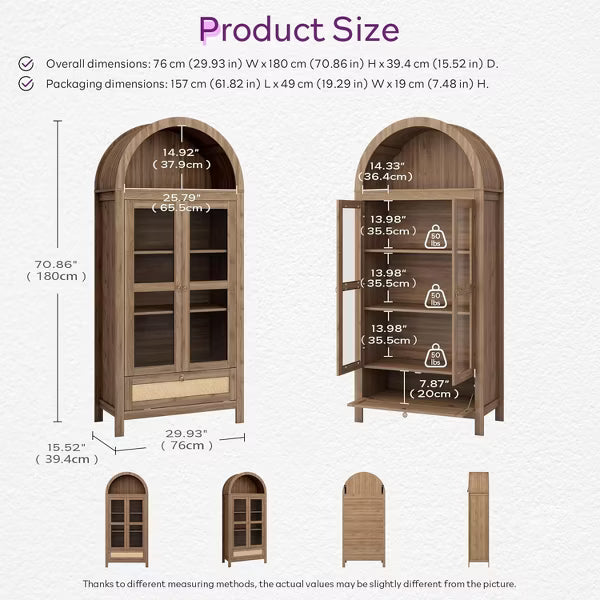 TYBOATLE 71" Tall Arched Pantry Cabinet with Glass Door, Drawer & Anti-Tip Kit – Versatile Storage Cupboard for Kitchen or Dining Room,Wood