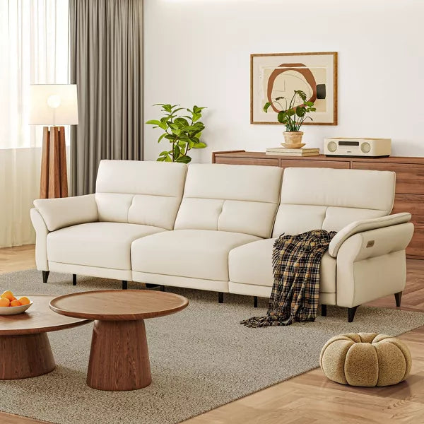 ATJafurn Full Grain Leather Power Reclining Sofa with Dual Motor, White Modern Recliner Sectional Couch with Console and USB Ports for Living Room