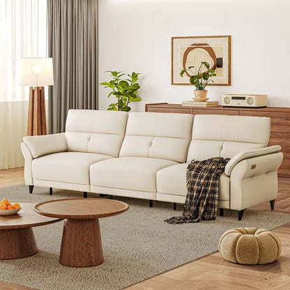 ATJafurn Full Grain Leather Power Reclining Sofa with Dual Motor, White Modern Recliner Sectional Couch with Console and USB Ports for Living Room