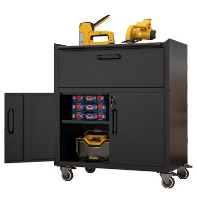 Yukimo Heavy-Duty Diamond-Plate Steel Rolling Tool Cabinet, 35"H Mobile Storage Cabinet, Adjustable Shelves