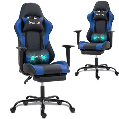 Bosmiller Reclining Gaming Chair with Footrest, Massage Racing Office Chair, PU Leather Computer Desk Chair with Head Pillow for Adults, Blue
