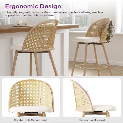 TYBOATLE Bar Stools Set, 29" Rattan Swivel Barstools with Faux Leather, Boho Mid-Century Modern Upholstered Bar Chairs for Kitchen Island