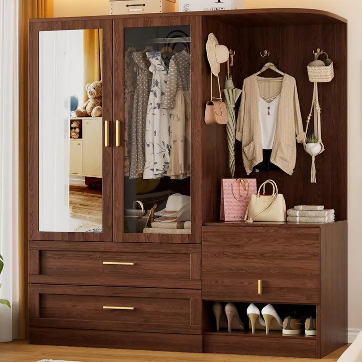 PAKASEPT 71'' Farmhouse Armoire Wardrobe Closet with Mirror, Wooden Wardrobe Storage Cabinet with 2 Door, Hanging Rod, Hidden Bench, Drawers