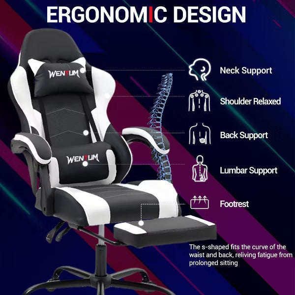 Bosmiller Ergonomic Reclining Gaming Chair with Linkage Armrests & Footrest, Racing Office Chair, PU Leather Computer Desk Chair