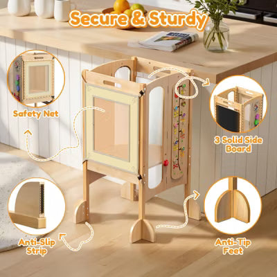 KOLIGEY Foldable Toddler Tower, Kitchen Stool Helper, Toddler Standing Tower for Kids with Safety Net, Adjustable Height