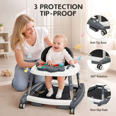 Baby Walker with Adjustable Height Foldable Seat Activity Toys and Rocking Mode