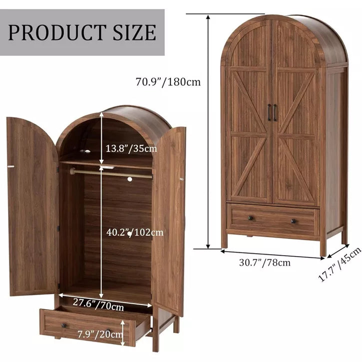 PAKASEPT 70.9‘’ Arched Wooden Armoire Wardrobe Closet with Drawers and Fluted Doors, with Light & Shelves and Hanging Rod, Brown