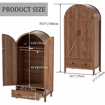 PAKASEPT 70.9‘’ Arched Wooden Armoire Wardrobe Closet with Drawers and Fluted Doors, with Light & Shelves and Hanging Rod, Brown