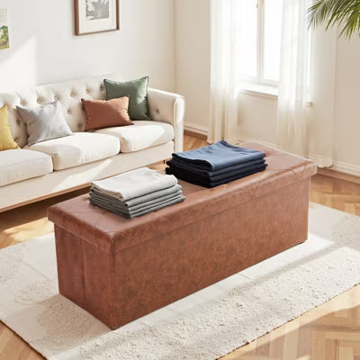 ELJGET 43" Folding Storage Ottoman Bench, 660 lb Load-Capacity Footrest Stool with Hidden Storage, Synthetic Leather Seat for Living Room, Brown