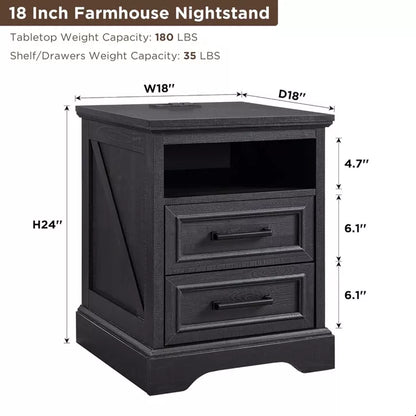 18" Farmhouse Nightstand with Charging Station, End Table with 2 Drawers Storage for Bedroom, Living Room