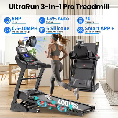 5HP Foldable Treadmill for Home w/ 15% Auto Incline, 400lbs Capacity, 10MPH Portable Treadmill, 64+7 Programs, Personalized Workout with APP