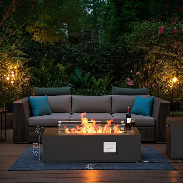 Evita 50,000 BTU Outdoor Fire Pit Table with Propane Tank, Windshield, Glass Stone and Rain Cover-42*20*12 Inch, Black