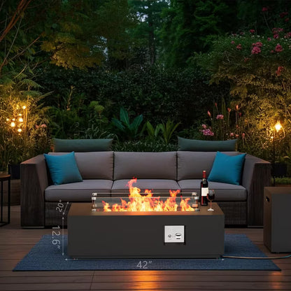 Evita 50,000 BTU Outdoor Fire Pit Table with Propane Tank, Windshield, Glass Stone and Rain Cover-42*20*12 Inch, Black