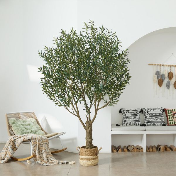DR.Planzen 7FT Artificial Olive Tree with Thick Stump - UV Resistant Faux Plant for Indoor/Outdoor, Black Pot & Realistic Green Leaves