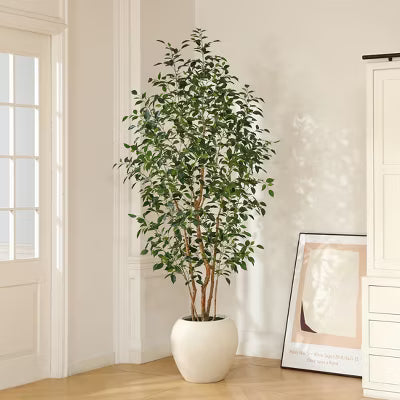 Dr.Planzen 8ft Artificial Ficus Tree with 18in White Planter, Tall Faux Ficus Trees with Real Wood Branches for Indoor and Outdoor Home Decor