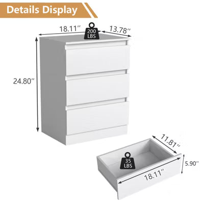 CIPACHO White 3-Drawer Handle-Free Dresser - Modern Wooden Tall Nightstand for Bedroom