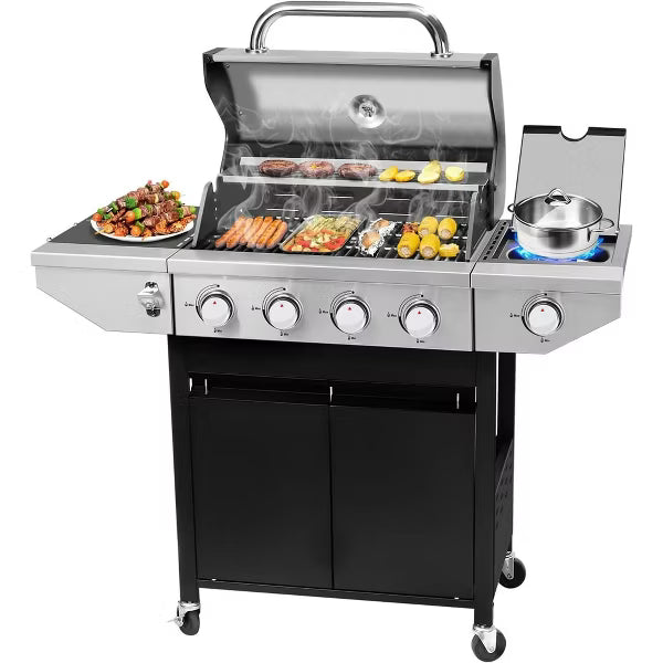 ELJGET 4 Burner BBQ Propane Gas Grill with Side Burner, Outdoor Stainless Steel 46790 BTU Patio Garden BBQ Grill with Lid, Wheels for Outdoor Camping