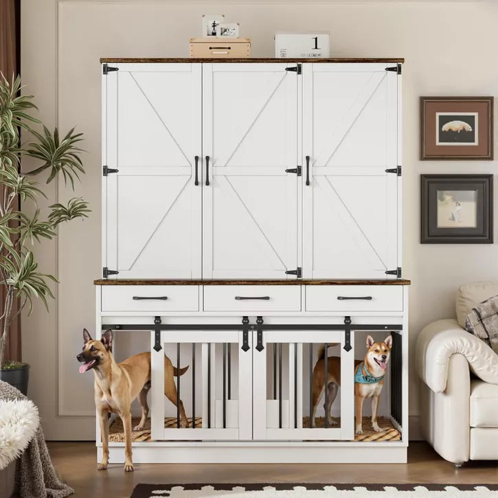 PAKASEPT 71" Tall Dog Crate Furniture, Indoor Dog Kennel with Wardrobe Closet, 46.5" W Dog Cage for Large/Medium Dogs, Wood Dog Crates with 3 Drawers