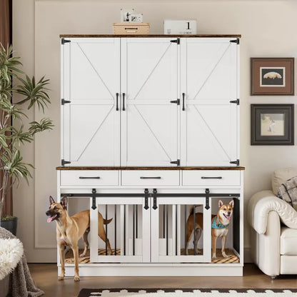 PAKASEPT 71" Tall Dog Crate Furniture, Indoor Dog Kennel with Wardrobe Closet, 46.5" W Dog Cage for Large/Medium Dogs, Wood Dog Crates with 3 Drawers
