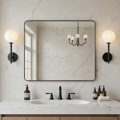 Resenkos 36x30 Inch Wide Rectangle Wall Mirror - Rounded Corners & Sturdy Black Metal Frame, Perfect for Living Room & Bathroom, Black