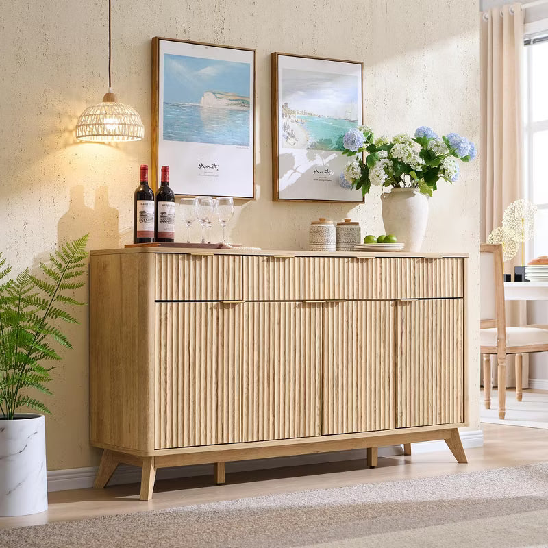 60" Buffet Sideboard Cabinet, Fluted Coffee Bar Table with 3 Drawers & 4 Doors, Modern Sideboard for Dining Room, Living Room