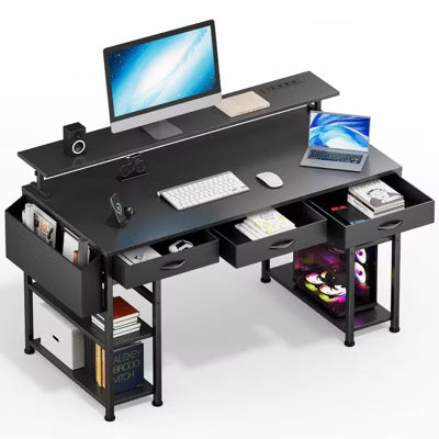 KOLIGEY Black Gaming Desk with LED Lights and Power Outlets, 55 Inch Computer Desk with 3 Drawers and Adjustable Monitor Stand