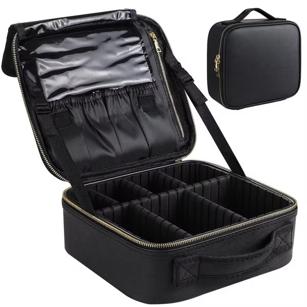 Travel Makeup Bag Organizer With Adjustable Dividers，Waterproof Shockproof Handbag, Black