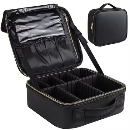 Travel Makeup Bag Organizer With Adjustable Dividers，Waterproof Shockproof Handbag, Black