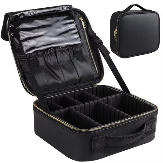 Travel Makeup Bag Organizer With Adjustable Dividers，Waterproof Shockproof Handbag, Black