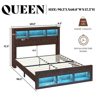 AMERLIFE Bed Frame with Bookcase Storage Headboard, LED Light and Charging Station