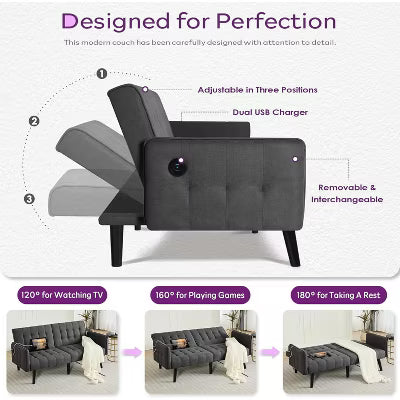 65" Convertible Faux Leather Futon Sofa Bed, Modern Upholstered Couch with USB, Folding Loveseat for Small Space, Apartment, Dorm, Office