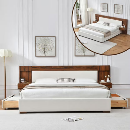King Size Hotel Style Bed with Linen Upholstered Headboard Built-in Nightstands Storage Drawers,No Box Spring Needed,Easy Assembly,Cream