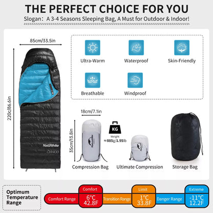 Naturehike Ultralight 650FP Down Sleeping Bag for Adults - 42°F Waterproof Backpacking Bag for Camping, Hiking & Travel w/Compression Sack