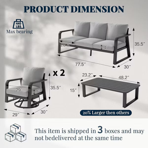 SUGOLD Aluminum Patio Conversation Set with Gray Cushions and Coffe Table