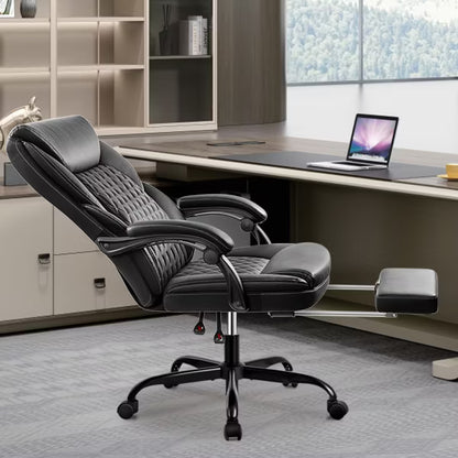 KERDOM Leather Office Chair, Big and Tall Home Office Desk Chairs with Adjustable Padded Headrest Armrest, Black