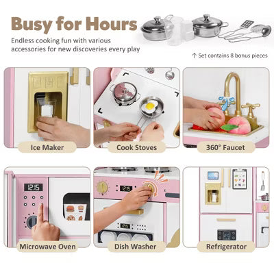TODECARE Wooden Play Kitchen for Kids with Ice Maker, Freezer and Washing Machine, Gift for Boys and Girls Age 3+
