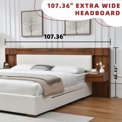 King Size Hotel Style Bed with Linen Upholstered Headboard Built-in Nightstands Storage Drawers,No Box Spring Needed,Easy Assembly,Cream
