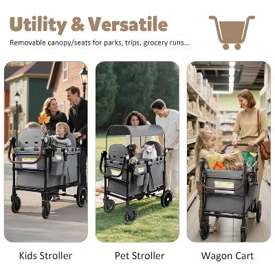 TODECARE Wagon Stroller for 2 Kids, All-Terrain Foldable Outdoor Stroller Wagon, Adjustable Handle, Shock-Absorbing Wheel, Detachable Tray