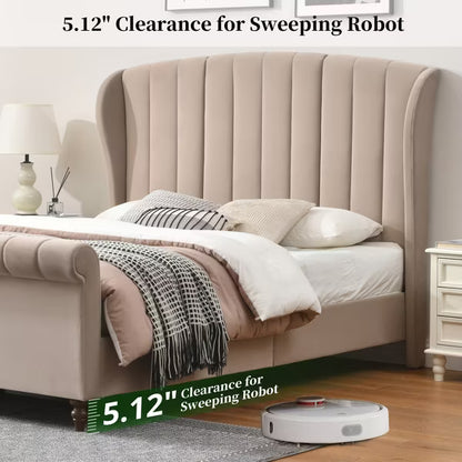King Size Platform Bed Frame 54" Tall Curved Wingback Headboard,Velvet Upholstered,Wooden Slats,Noise-Free ,No Box Spring Needed,Easy Assembly,Taupe