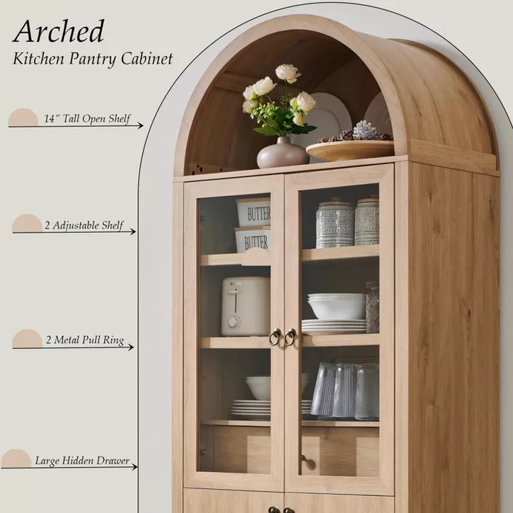 71" Tall Arched Pantry Cabinet with 4 Doors & Adjustable Shelves & Hidden Drawer, Modern Farmhouse kitchen Storage Cabinet