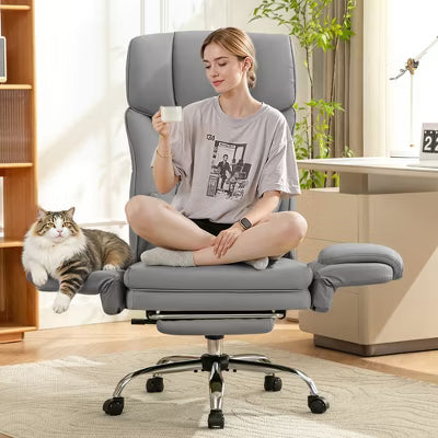 KERDOM High Back Executive Office Chair, Big and Tall PU Leather Desk Chair With Adjustable Height, Padded Armrests And Footrest, Gray